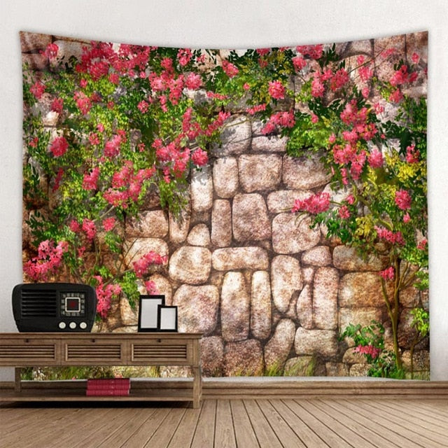 Plant Flower On Stone Wall Tapestry Wall
